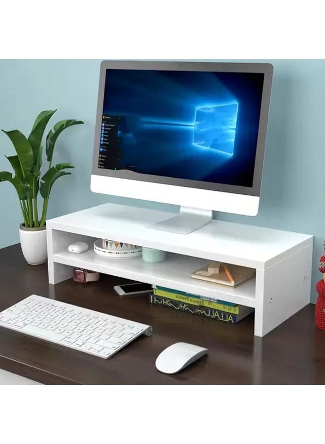 White Wooden Monitor Stand Riser With Adjustable Shelf And Storage Organizer - Image 3